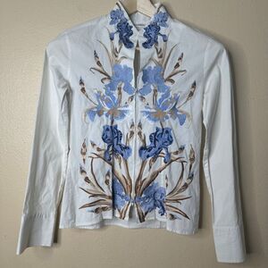 Nara Camicie Shirt Women's Small White Full Zip Long Sleeve Embroidered Blouse